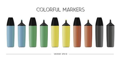 Vector set of realistic multi-colored markers. Color highlighters isolated on white background.