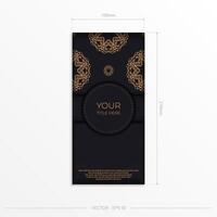 Black luxury postcard design with gold vintage mandala ornament. Can be used as background and wallpaper. Elegant and classic vector elements ready for print and typography.