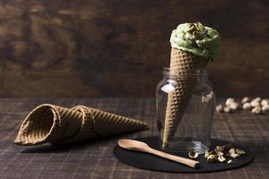 delicious ice cream cones with pistachio photo
