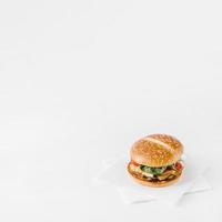 close up fresh burger tissue paper white backdrop photo