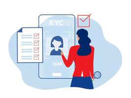 kyc o conozca a su cliente con el negocio verificando la identidad del concepto de sus clientes en los futuros socios a través de un ilustrador de vectores de lupa