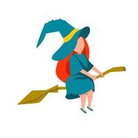 A simple flat illustration of a young witch flying on a broomstick. The Befana celebration. Flat vector illustration on a white isolated background.Stock image