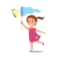 A little girl catches a butterfly. Happy child runs. Vector illustration on a white isolated background. Stock image.