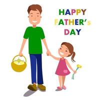 A father walks with his daughter. A father and a little girl hold hands, isolated on a white background. Colorful vector illustration in flat style.Happy father is day.