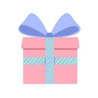 Gift in a pink box with a blue striped ribbon. Surprise with a beautiful bow. Flat style. For a logo, banner, or postcard. vector
