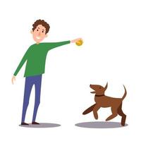 un hombre juega con su perro mientras monta una escena de juego de pelota. ilustración vectorial. vector