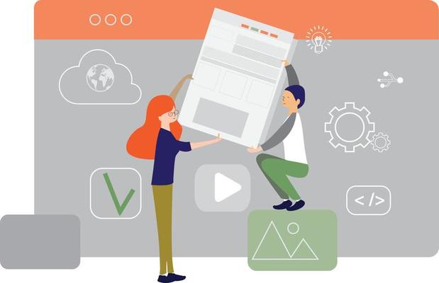 Website construction, web design concept illustration in flat style. People working on website. Characters doing various tasks, teamwork.