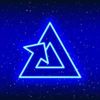 Triangle sign neon design with endless rotating arrow. Modern design of rotating triangle sign. Refresh sign with galaxy arrow. Unique and realistic neon icon. Linear icon on blue background. vector