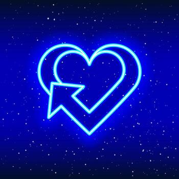 Heart sign neon design with endless rotating arrow. Unique heart-love icon. Rotating heart modern design. Refresh-return sign with galaxy arrow. Unique and realistic neon icon. Linear icon on blue. vector
