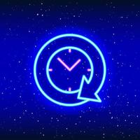 diseño lineal de neón de flecha en movimiento alrededor del reloj. reloj de neón y flecha. reloj en la flecha del marcador. tiempo en el espacio con neón. icono de neón único y realista. icono lineal sobre fondo azul. vector