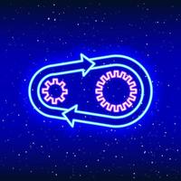 Neon linear design of endless arrow around gear. Neon gear and arrow. Gear wheels on the marker arrow. Repair with neon in space. Unique and realistic neon icon. Linear icon on blue background. vector