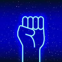 Punch-in-the-air design with neon light. Linear hand success-power design. Glowing neon victory sign in space. Unique and realistic neon icon. Linear icon on blue background. vector