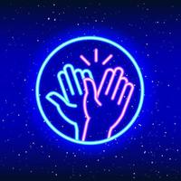 Applaud and congratulate. Clap design in air with neon lights. Linear hand success-power design. Glowing neon handshake sign in space. Unique and realistic neon icon. Linear icon on blue background. vector