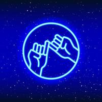 Keep the pinky finger. Neon-lit pinky fingers design. Linear team bet pinky design. Glowing neon hand sign in space. Unique and realistic neon icon. Linear icon on blue background. vector