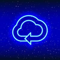 Neon linear design of moving arrow in cloud. neon cloud. Cloud at the marker arrow. Weather in space with neon. Unique and realistic neon icon. Linear icon on blue background. vector