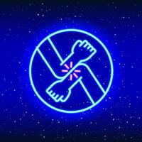 Elbow salute. Neon luminous elbow to elbow salute design. Linear pandemic contact design. Glowing neon elbow salute sign in space. Unique and realistic neon icon. Linear icon on blue background. vector