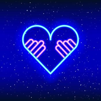 Touch the heart. Neon heart touching design. Finger sign design with linear heart. Neon hand-heart sign in space. Unique and realistic neon icon. Linear icon on blue background. vector