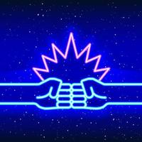 Fists clash. Fists colliding design with neon light. Linear air-fist collision design. Fist sign in space. Unique and realistic neon icon. Linear icon on blue background.