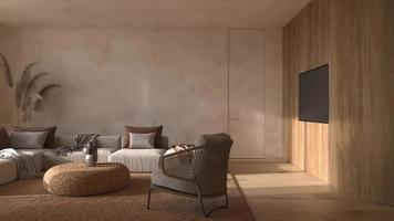 3d render animación escena sala de estar diseño de interiores estilo boho escandinavo video