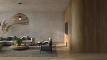 apartamento interior de estilo escandinavo. projeto da sala de estar com móveis de madeira natural boho. 3D render cena de animação de vídeo.