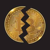 Bitcoin moneda rota, símbolo comercial de bitcoin dividido por la mitad como crisis económica.
