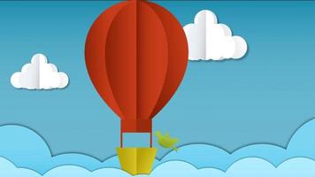 Hot air balloon animation with bird and clouds in paper art style. Suitable for video opening