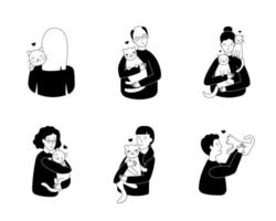 Pet owners love to cuddle cats, young and old. Set of vector illustrations in trendy flat monochrome style