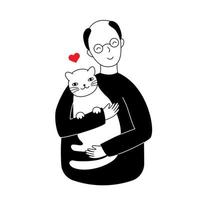 Grandfather hugs a cat, vector illustration in flat style. Old man and his animal pet