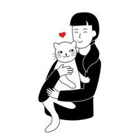 Young modern girl hugs cat. Vector illustrations in trendy flat monochrome style