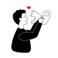 Young modern man hugs cat. Vector illustrations in trendy flat monochrome style