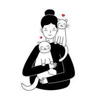 Young modern girl hugs cat. Vector illustrations in trendy flat monochrome style