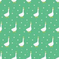 Geese seamless pattern on a green background with flowers vector