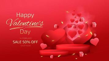 Red podium product display with heart shape elements and gold ribbon. Valentines day background. vector