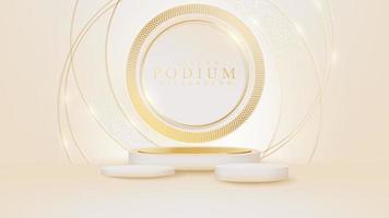 Cream color podium with circle frame elements on back and golden lines with glitter light effect, Luxury banner background design. vector