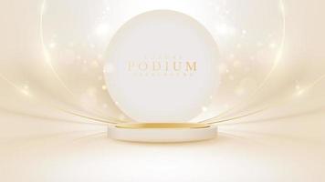 Cream color podium with circle frame elements on back and golden lines with glitter light effect, Luxury banner background design. vector