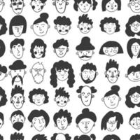 People faces pattern. Seamless endless background. Men, women, children, the elderly, transgender people. Stylish print. Vector illustration, doodle
