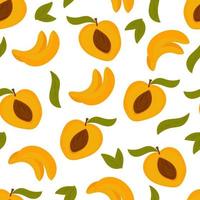 Endless apricot or peach print. Whole and cut fruit pattern. Background for printing on fabric, paper, packaging. Vector illustration, hand drawn