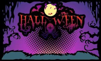 banner de feliz halloween. murciélagos, araña con telarañas, luna llena de halloween. vector