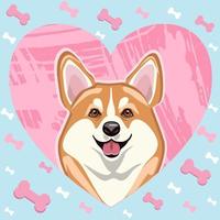 sonriente lindo perro corgi galés con un corazón rosa y huesos favoritos. vector