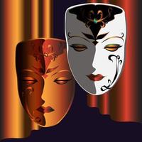 Color image of two female decorative masks with an expression of joy and sadness on their faces. vector