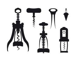 corkscrews set. 5 items to open wine bottles. Stopper for vino, champagne, olive oil. Black and white silhouette. Vector illustration. Icon for web design