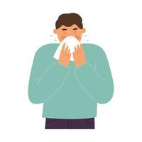 sick man sneezes into a handkerchief. Advertising of medicines. Fever, colds and viral diseases, coronavirus, covid concept. Vector illustration, flat