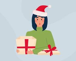 surprised girl with a gift. Santa hat on the head. Shocked by the contents of the box. An inappropriate or unexpected surprise. Vector illustration, flat