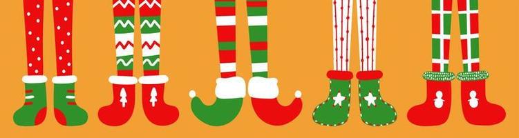 Children's feet in funny socks and felt boots. Children in costumes of Christmas elves. Theme party. Traditional holiday colors. Editable vector illustration, hand drawn