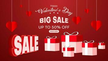 valentine's day sale banner background with realistic podium, gift box and heart object vector