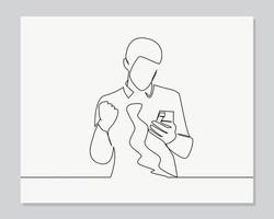 man reading a good news on the smartphone continuous one line illustration vector