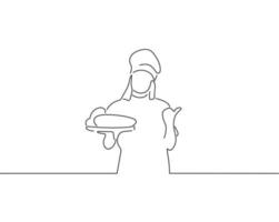 panadero de mujeres sosteniendo una mesa con varios panes dibujo lineal o ilustración continua de una línea vector