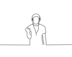 man listening to music with headphones line drawing or continuous one line illustration vector