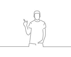 Hombre apuntando hacia arriba en el dibujo de líneas de espacio de copia o ilustración de una línea continua vector