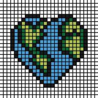 Earth for the cross stitch pattern. Heart shaped globe image. Mosaic vector illustration